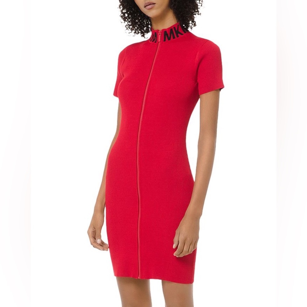 michael kors red ribbed viscose zip-front dress